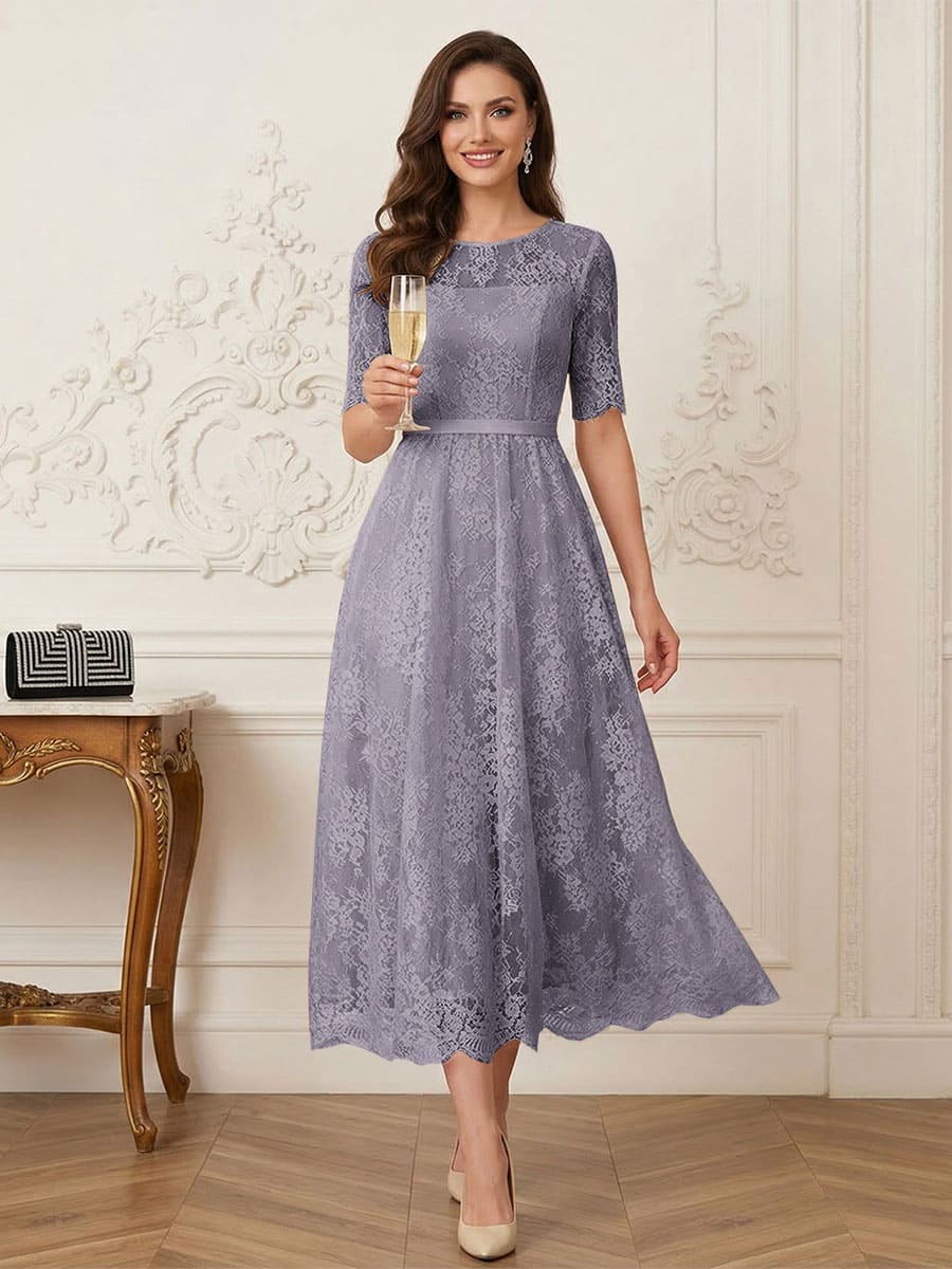A-Line/Princess Illusion Neck Half Sleeves Tea-Length Mother of the Bride Dresses with Applique &amp; Sash