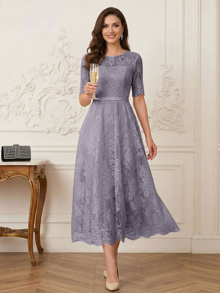 A-Line/Princess Illusion Neck Half Sleeves Tea-Length Mother of the Bride Dresses with Applique &amp; Sash