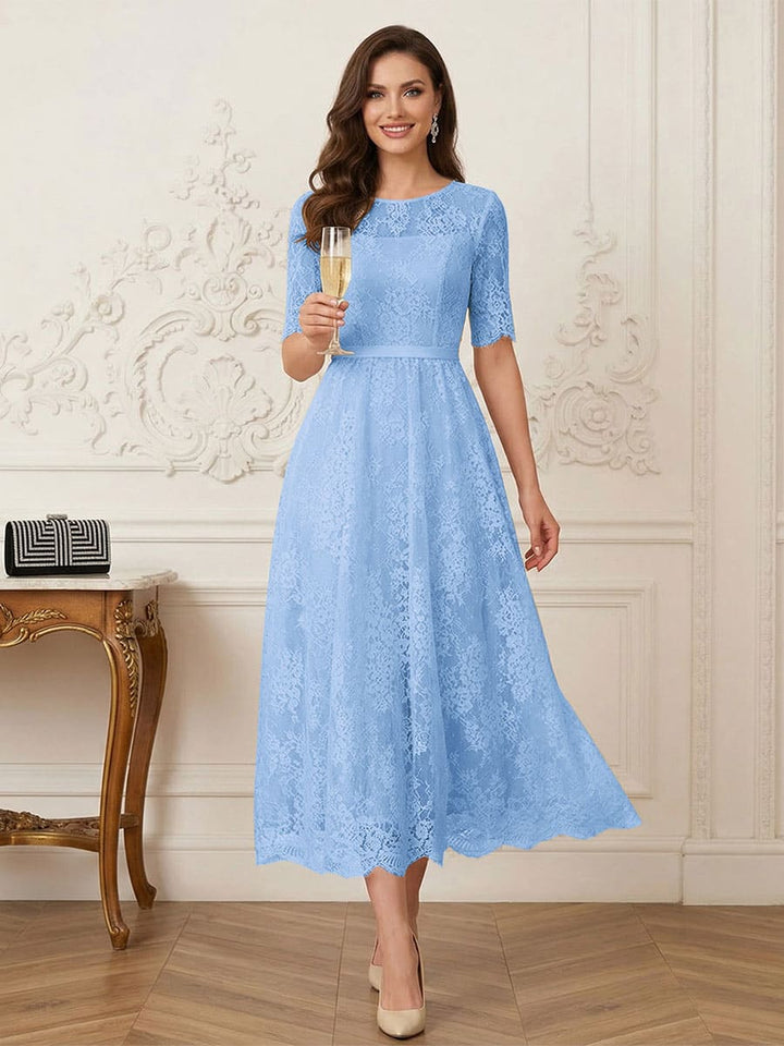 A-Line/Princess Illusion Neck Half Sleeves Tea-Length Mother of the Bride Dresses with Applique &amp; Sash