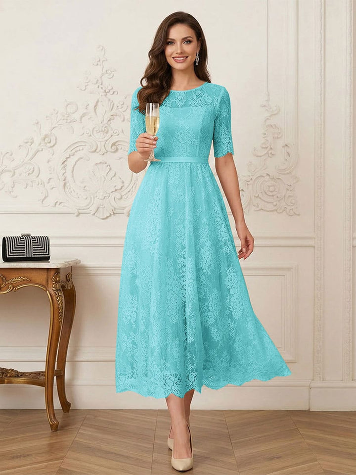 A-Line/Princess Illusion Neck Half Sleeves Tea-Length Mother of the Bride Dresses with Applique &amp; Sash
