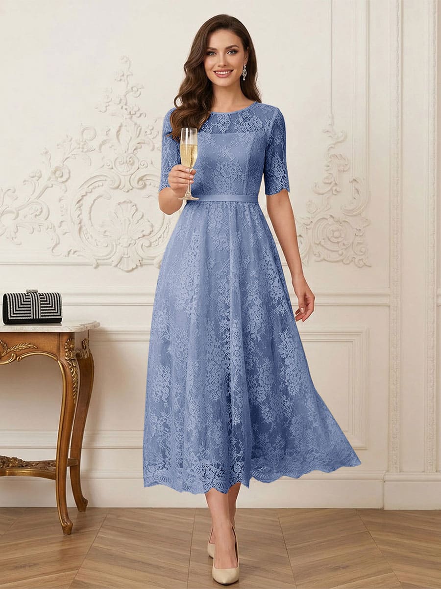 A-Line/Princess Illusion Neck Half Sleeves Tea-Length Mother of the Bride Dresses with Applique &amp; Sash