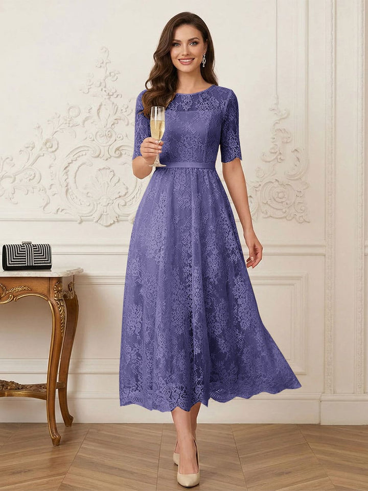 A-Line/Princess Illusion Neck Half Sleeves Tea-Length Mother of the Bride Dresses with Applique &amp; Sash