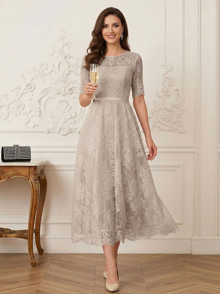 A-Line/Princess Illusion Neck Half Sleeves Tea-Length Mother of the Bride Dresses with Applique &amp; Sash