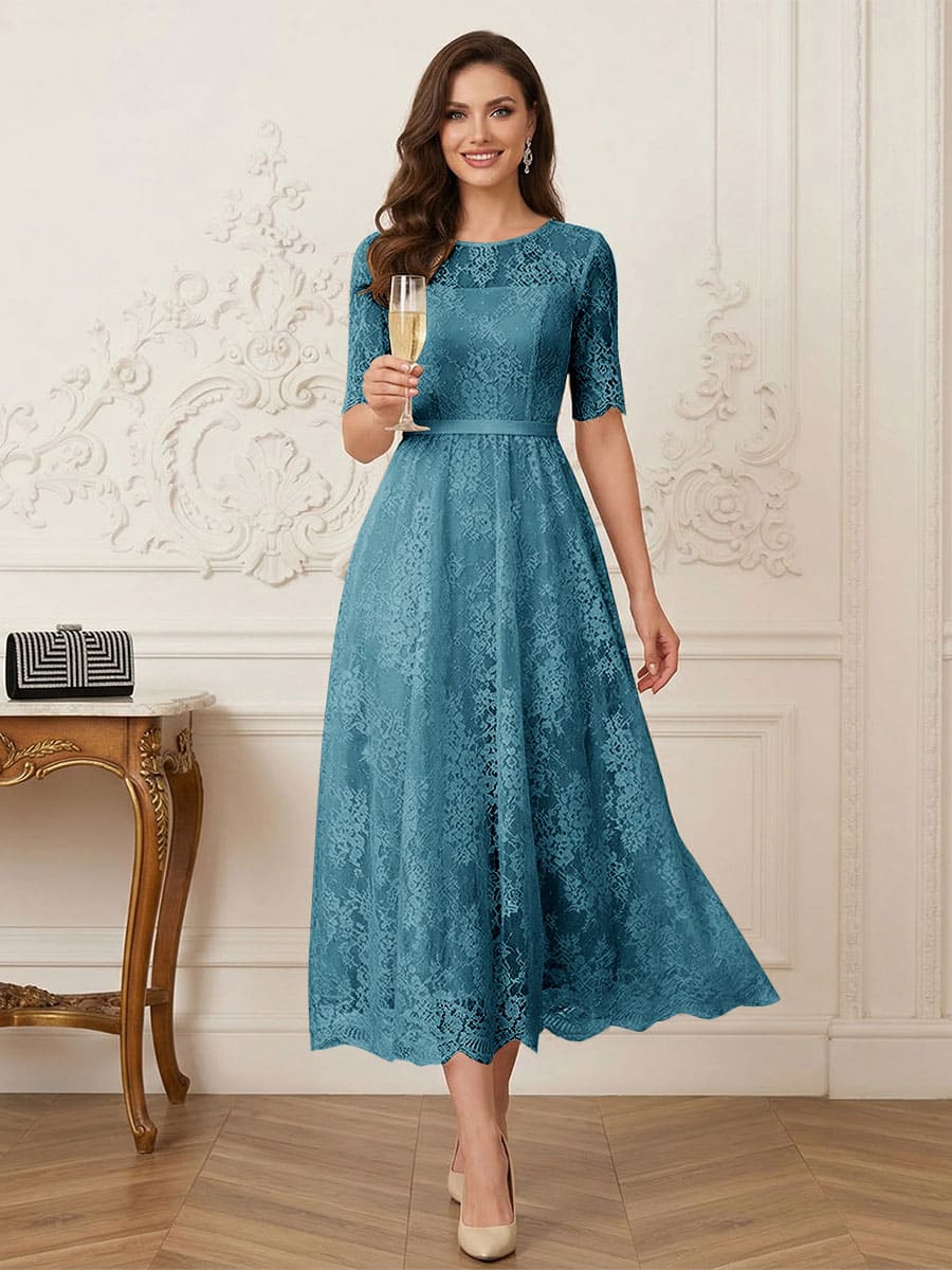 A-Line/Princess Illusion Neck Half Sleeves Tea-Length Mother of the Bride Dresses with Applique &amp; Sash