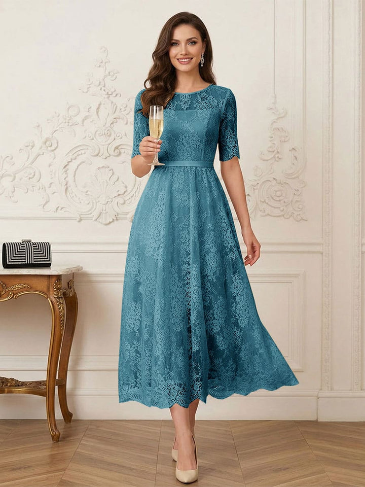 A-Line/Princess Illusion Neck Half Sleeves Tea-Length Mother of the Bride Dresses with Applique &amp; Sash