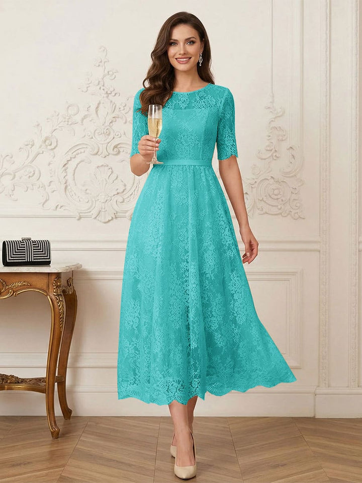 A-Line/Princess Illusion Neck Half Sleeves Tea-Length Mother of the Bride Dresses with Applique &amp; Sash