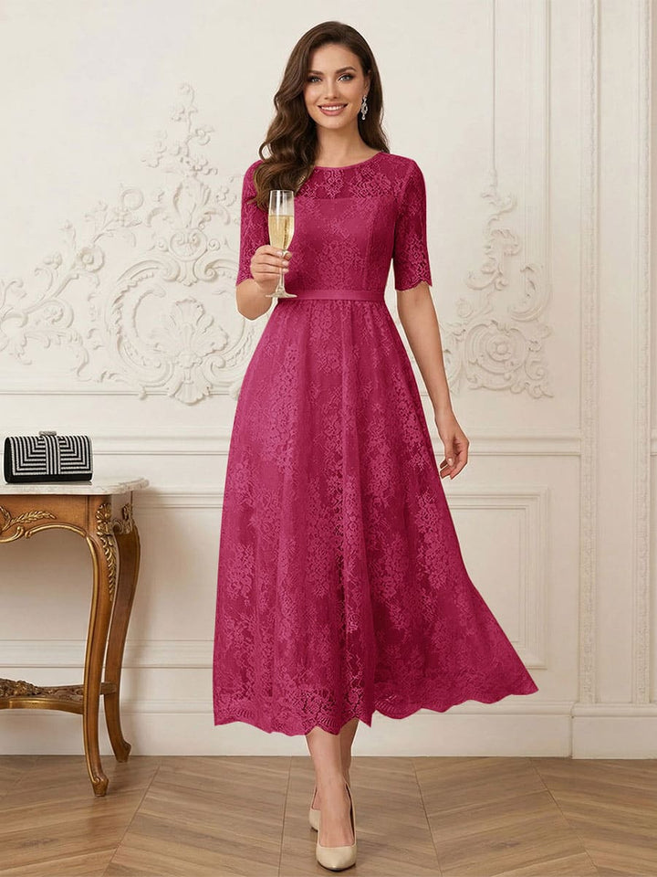 A-Line/Princess Illusion Neck Half Sleeves Tea-Length Mother of the Bride Dresses with Applique &amp; Sash