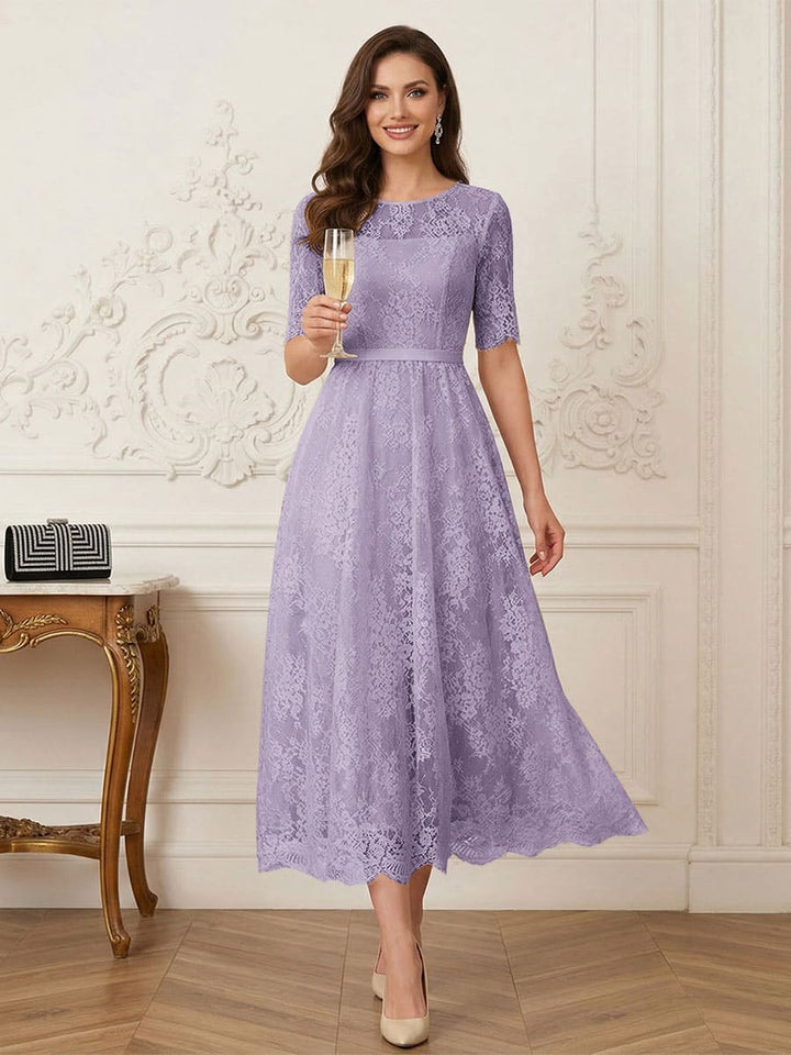 A-Line/Princess Illusion Neck Half Sleeves Tea-Length Mother of the Bride Dresses with Applique &amp; Sash