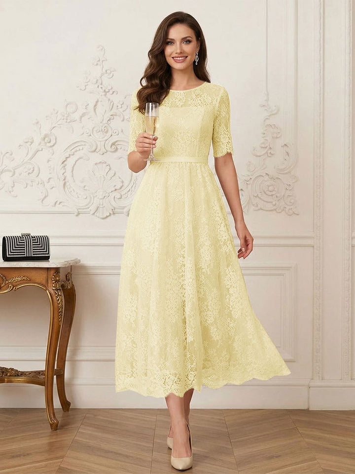 A-Line/Princess Illusion Neck Half Sleeves Tea-Length Mother of the Bride Dresses with Applique &amp; Sash