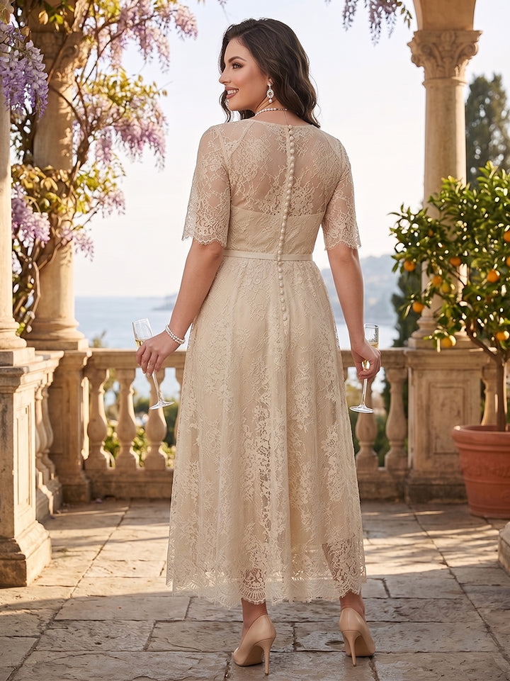 A-Line/Princess Illusion Neck Half Sleeves Tea-Length Plus Size Mother of the Bride Dresses with Applique &amp; Sash