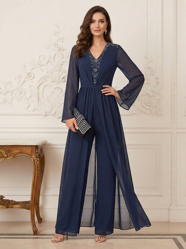 Jumpsuits V Neck Long Sleeves Floor Length Mother of the Bride Dresses with Beading