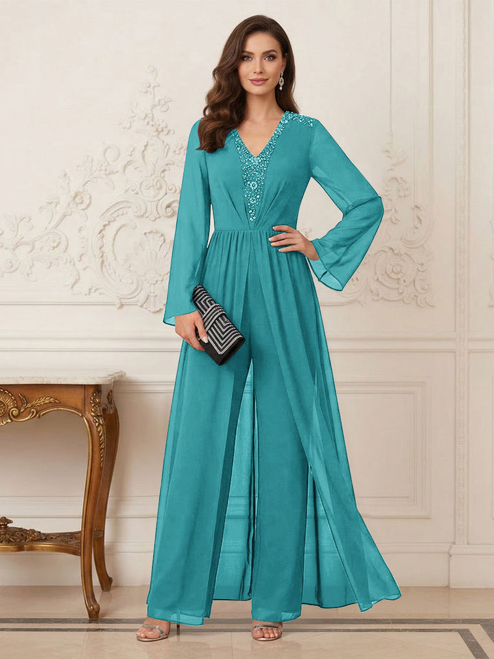 Jumpsuits V Neck Long Sleeves Floor Length Mother of the Bride Dresses with Beading