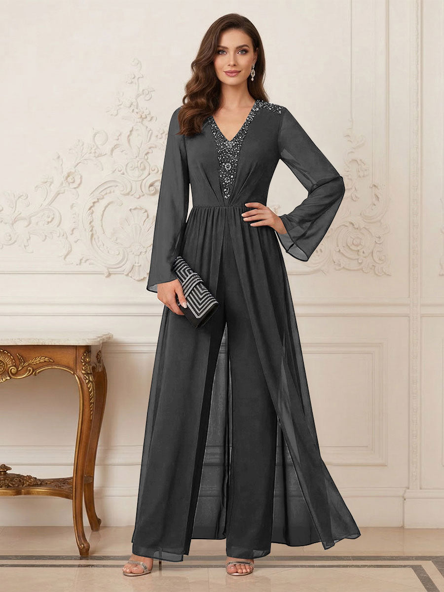 Jumpsuits V Neck Long Sleeves Floor Length Mother of the Bride Dresses with Beading