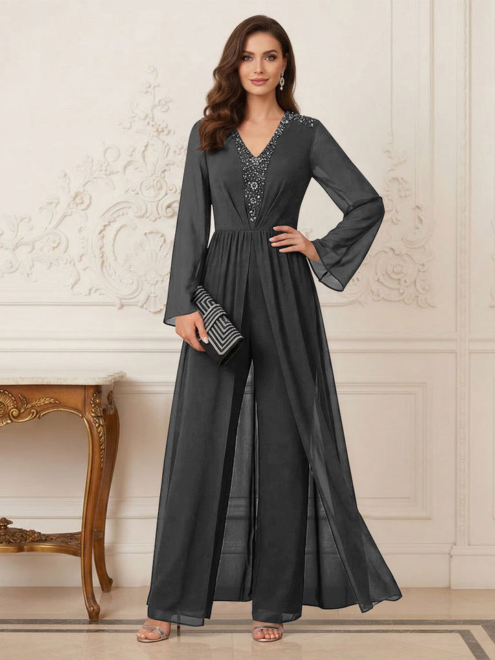 Jumpsuits V Neck Long Sleeves Floor Length Mother of the Bride Dresses with Beading