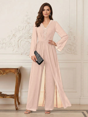 Jumpsuits V Neck Long Sleeves Floor Length Mother of the Bride Dresses with Beading