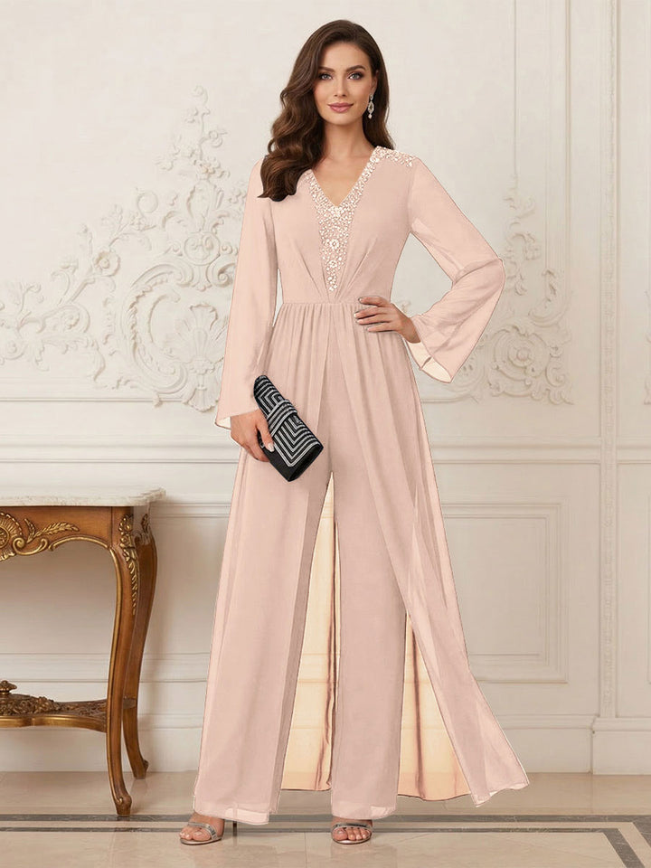 Jumpsuits V Neck Long Sleeves Floor Length Mother of the Bride Dresses with Beading