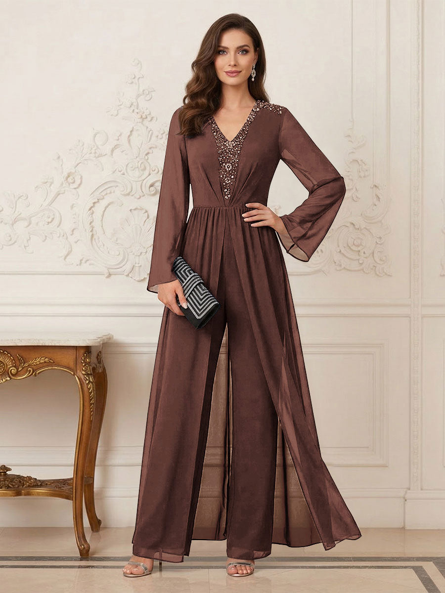 Jumpsuits V Neck Long Sleeves Floor Length Mother of the Bride Dresses with Beading