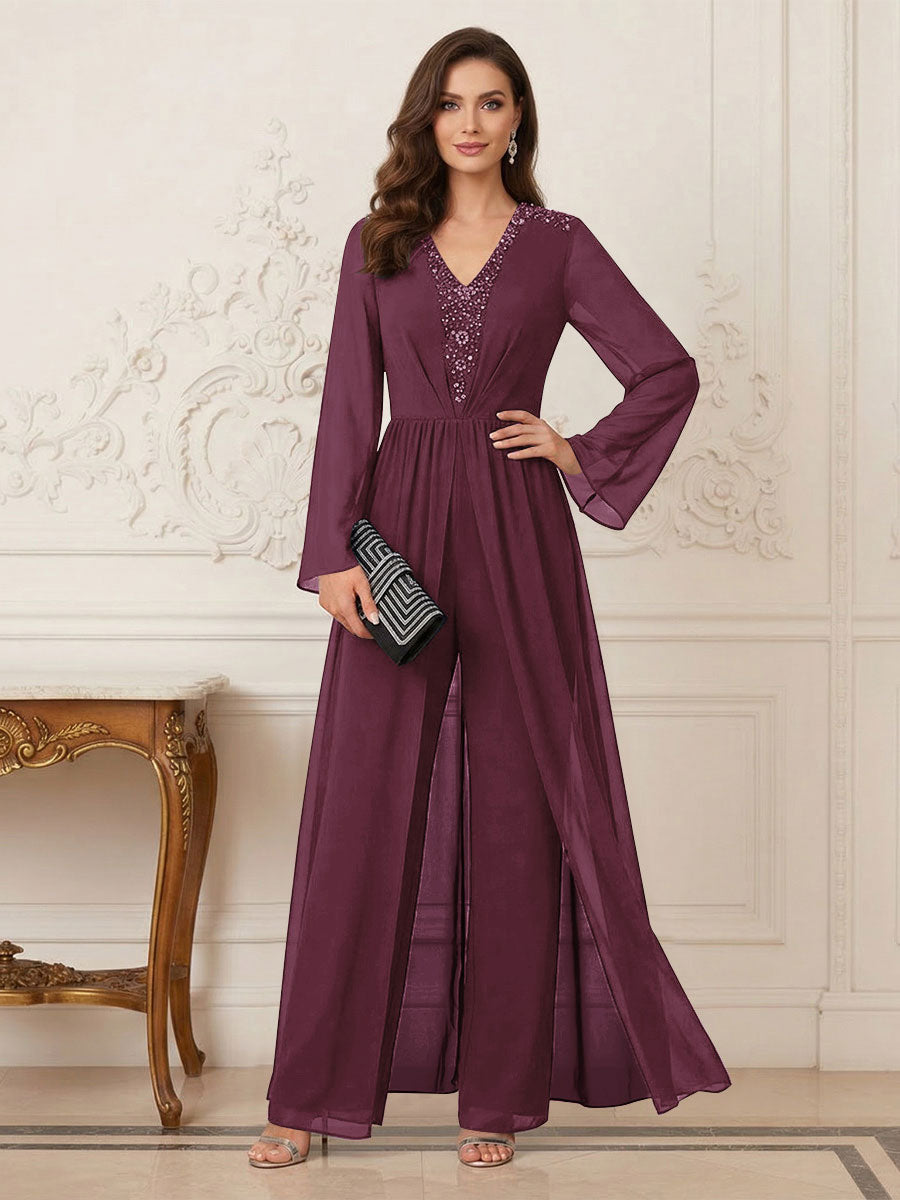 Jumpsuits V Neck Long Sleeves Floor Length Mother of the Bride Dresses with Beading