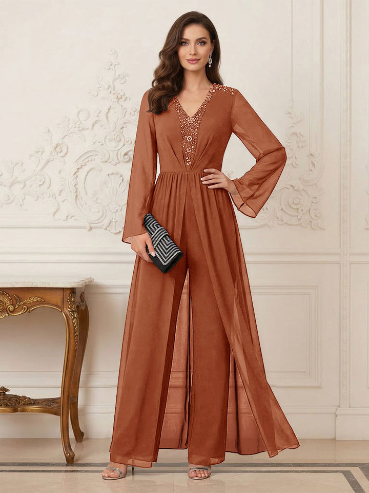 Jumpsuits V Neck Long Sleeves Floor Length Mother of the Bride Dresses with Beading