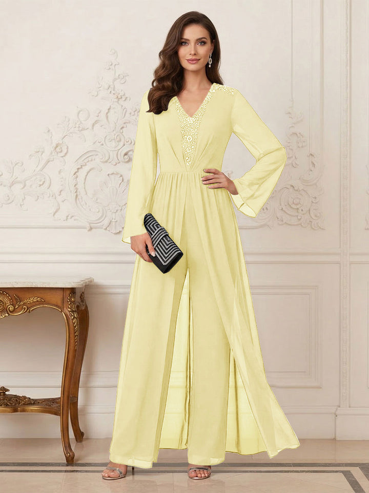 Jumpsuits V Neck Long Sleeves Floor Length Mother of the Bride Dresses with Beading