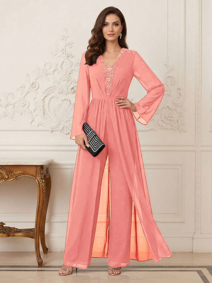 Jumpsuits V Neck Long Sleeves Floor Length Mother of the Bride Dresses with Beading