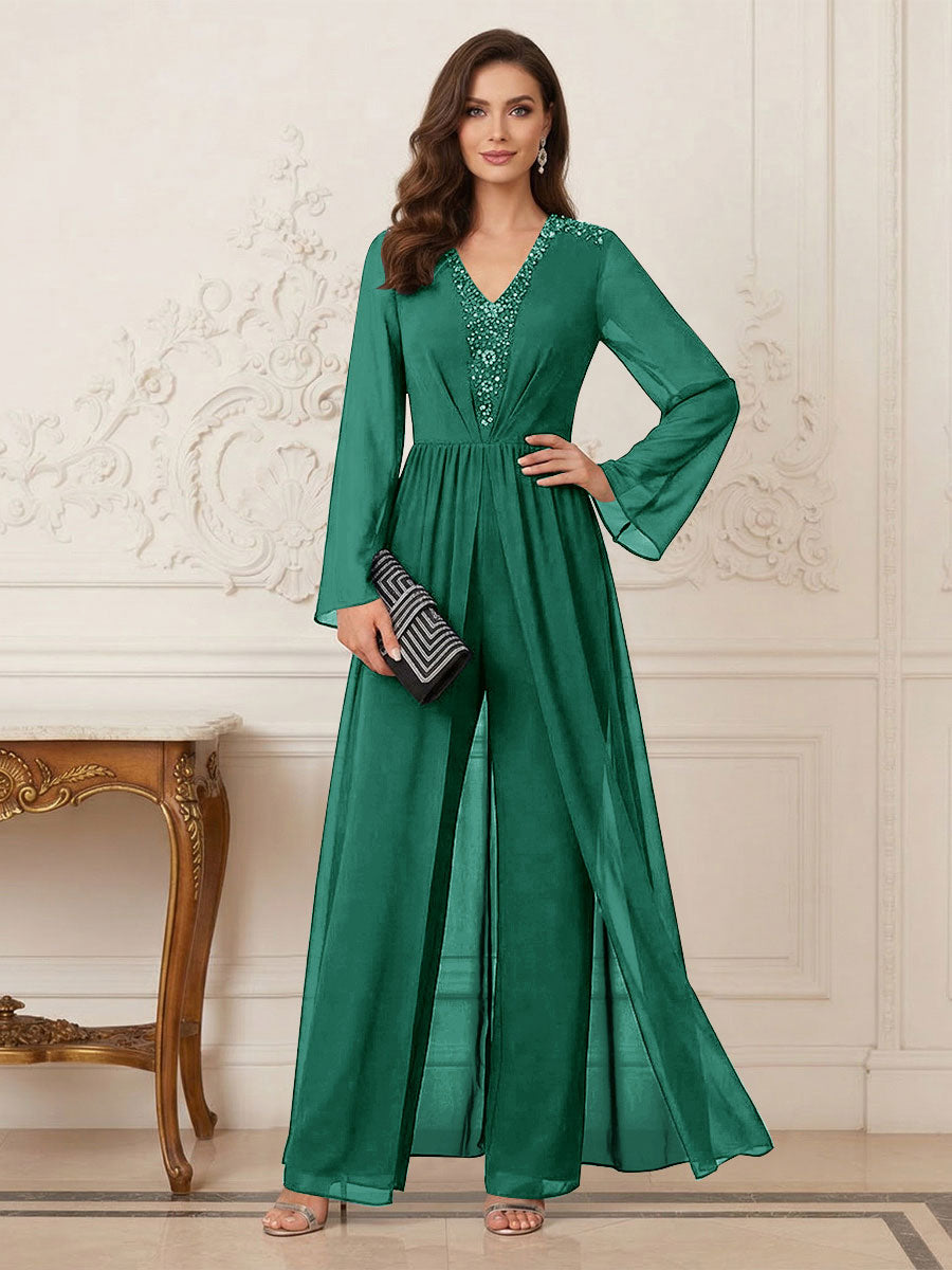 Jumpsuits V Neck Long Sleeves Floor Length Mother of the Bride Dresses with Beading