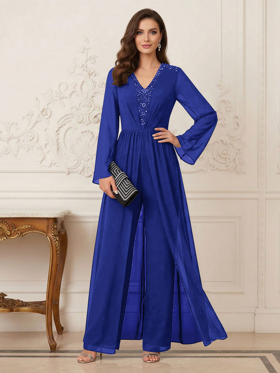 Jumpsuits V Neck Long Sleeves Floor Length Mother of the Bride Dresses with Beading