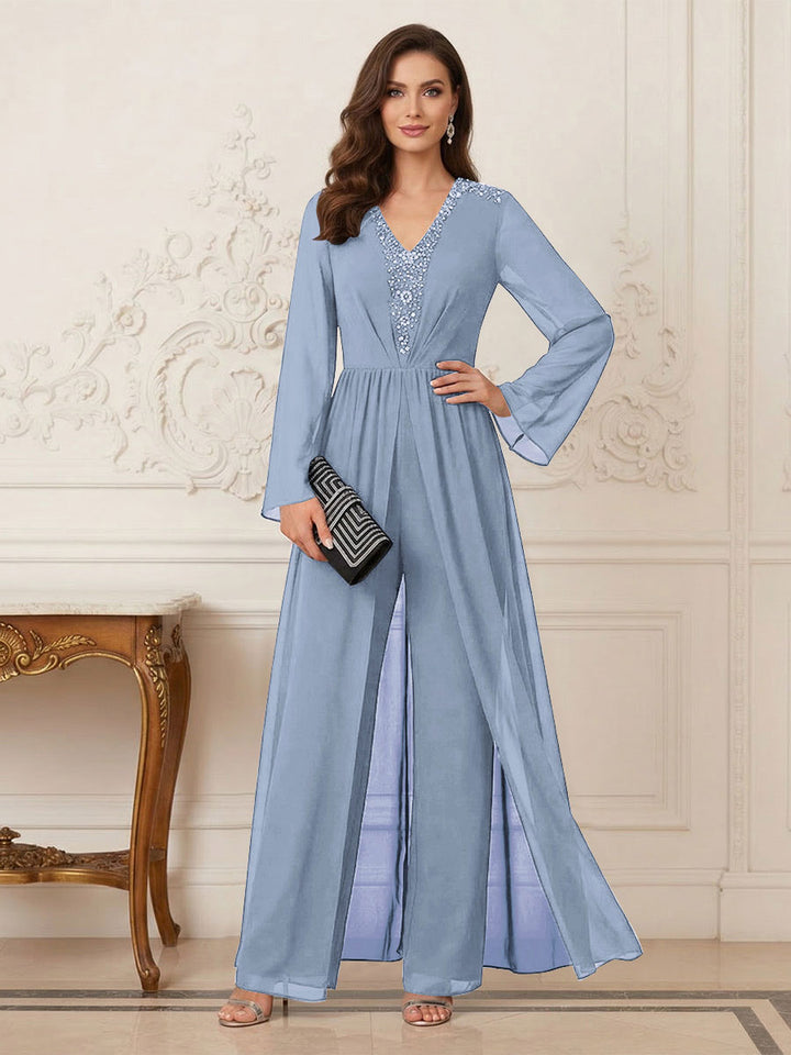 Jumpsuits V Neck Long Sleeves Floor Length Mother of the Bride Dresses with Beading