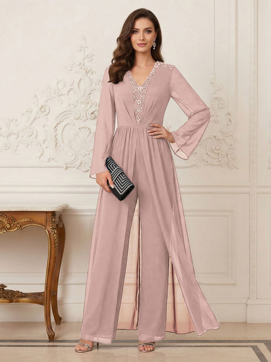 Jumpsuits V Neck Long Sleeves Floor Length Mother of the Bride Dresses with Beading