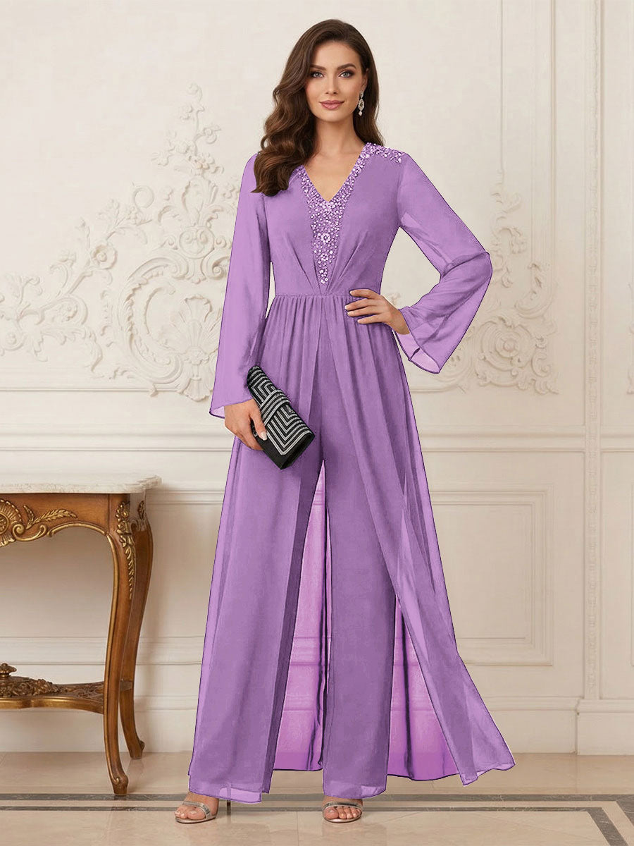 Jumpsuits V Neck Long Sleeves Floor Length Mother of the Bride Dresses with Beading