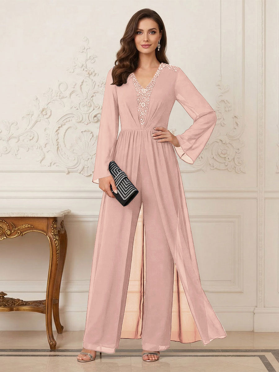 Jumpsuits V Neck Long Sleeves Floor Length Mother of the Bride Dresses with Beading