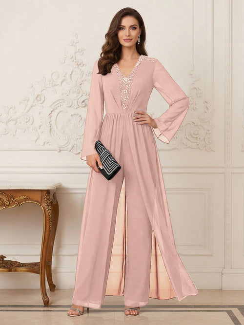 Jumpsuits V Neck Long Sleeves Floor Length Mother of the Bride Dresses with Beading