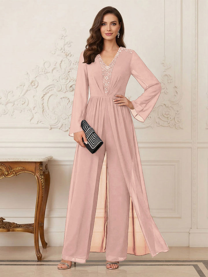 Jumpsuits V Neck Long Sleeves Floor Length Mother of the Bride Dresses with Beading