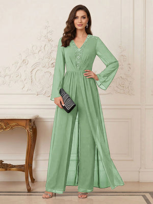 Jumpsuits V Neck Long Sleeves Floor Length Mother of the Bride Dresses with Beading