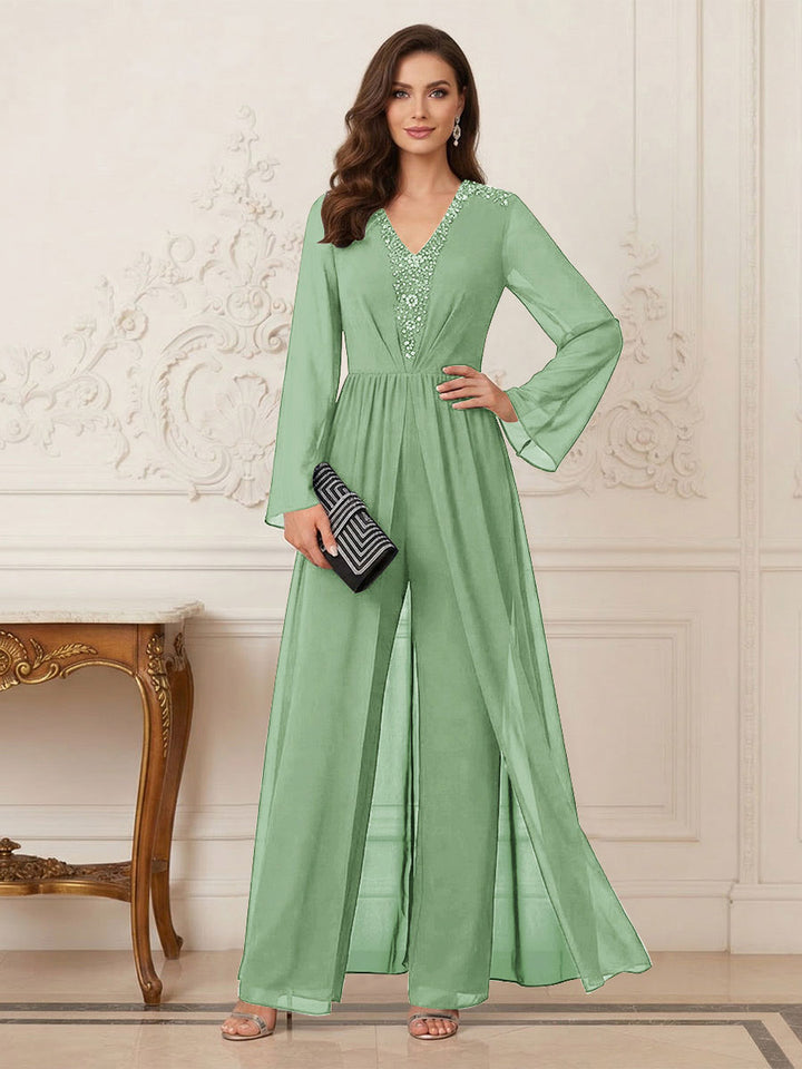 Jumpsuits V Neck Long Sleeves Floor Length Mother of the Bride Dresses with Beading