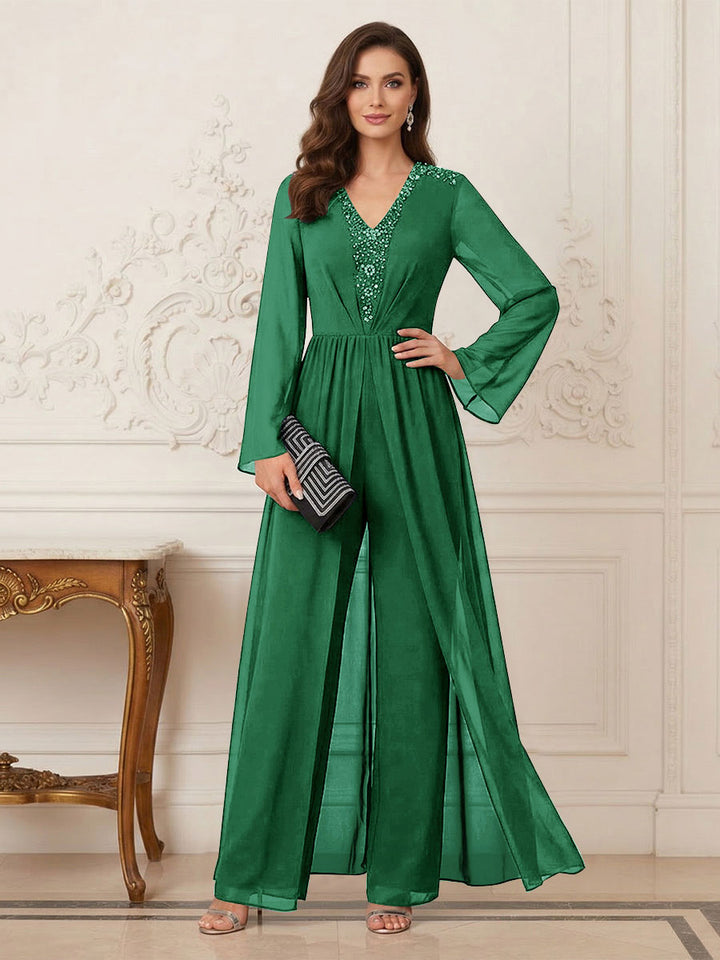 Jumpsuits V Neck Long Sleeves Floor Length Mother of the Bride Dresses with Beading