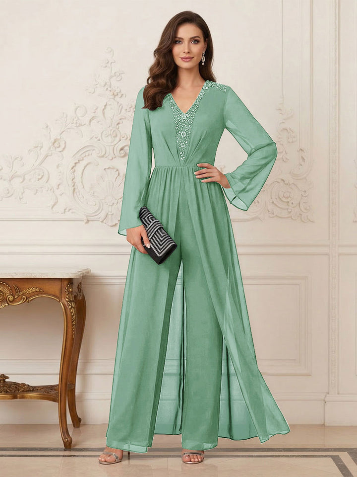 Jumpsuits V Neck Long Sleeves Floor Length Mother of the Bride Dresses with Beading