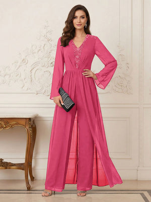 Jumpsuits V Neck Long Sleeves Floor Length Mother of the Bride Dresses with Beading
