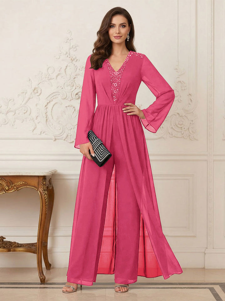 Jumpsuits V Neck Long Sleeves Floor Length Mother of the Bride Dresses with Beading