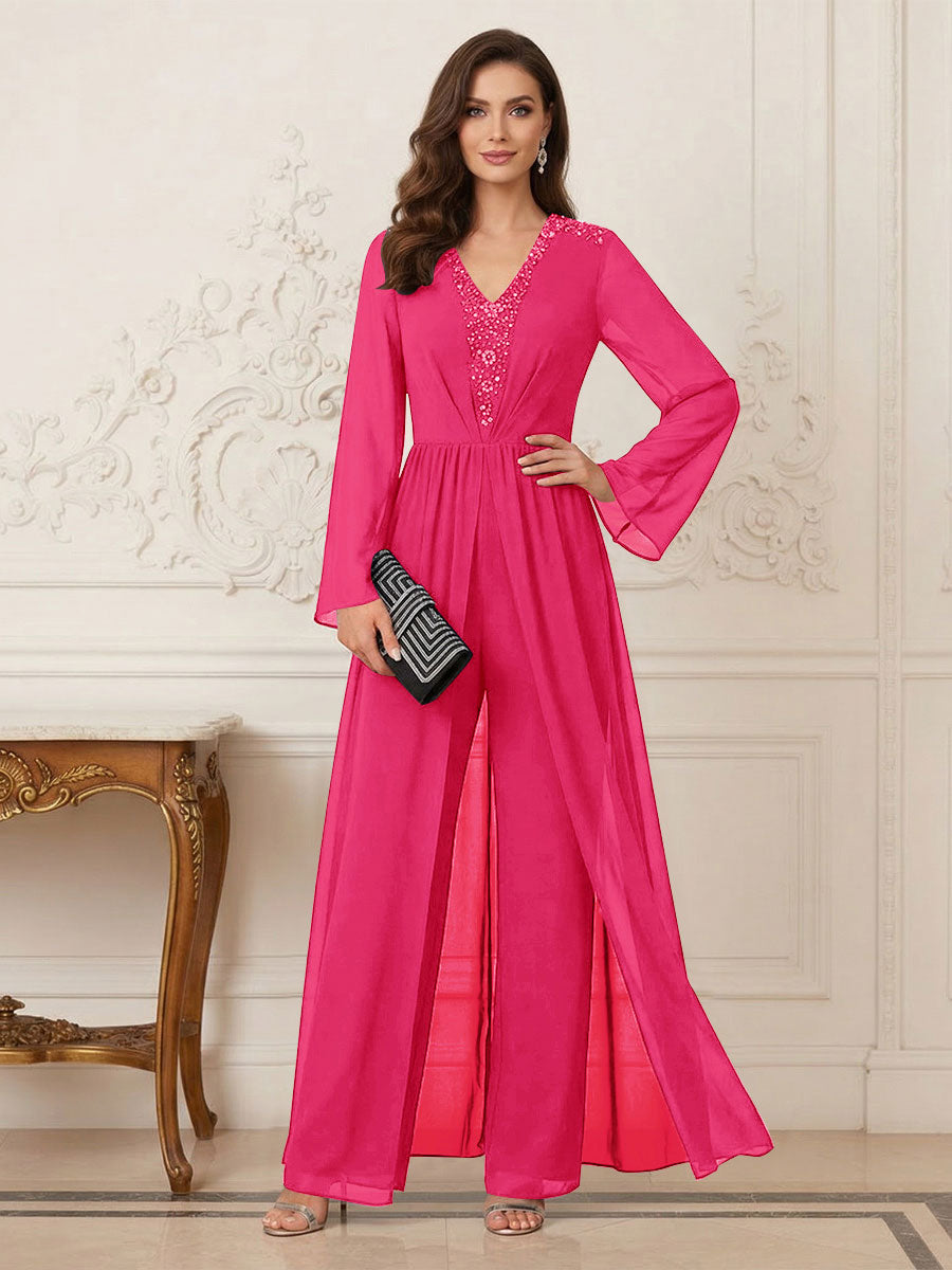 Jumpsuits V Neck Long Sleeves Floor Length Mother of the Bride Dresses with Beading