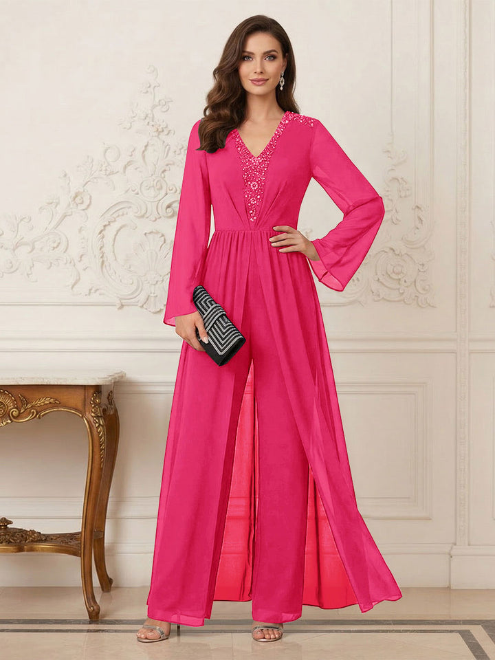 Jumpsuits V Neck Long Sleeves Floor Length Mother of the Bride Dresses with Beading