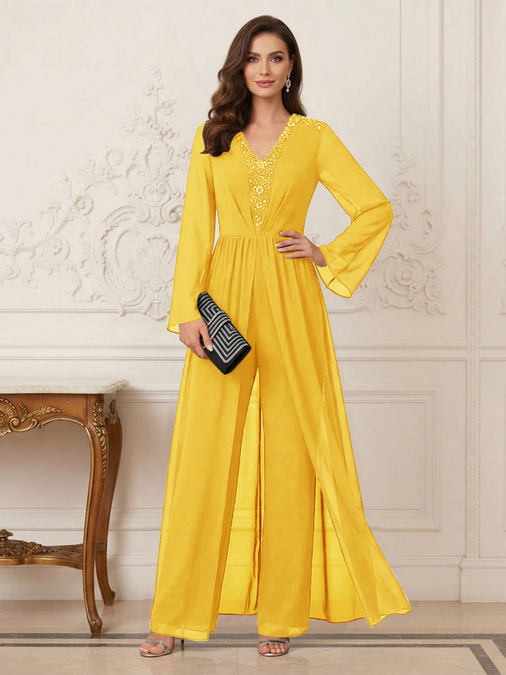 Jumpsuits V Neck Long Sleeves Floor Length Mother of the Bride Dresses with Beading