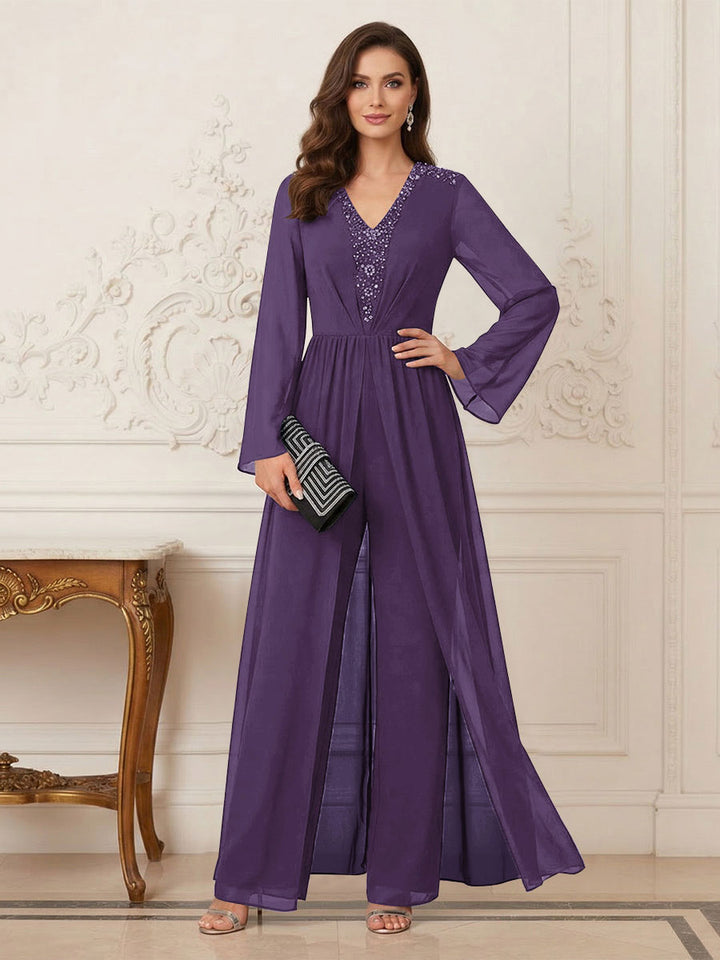 Jumpsuits V Neck Long Sleeves Floor Length Mother of the Bride Dresses with Beading