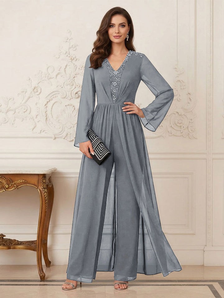 Jumpsuits V Neck Long Sleeves Floor Length Mother of the Bride Dresses with Beading