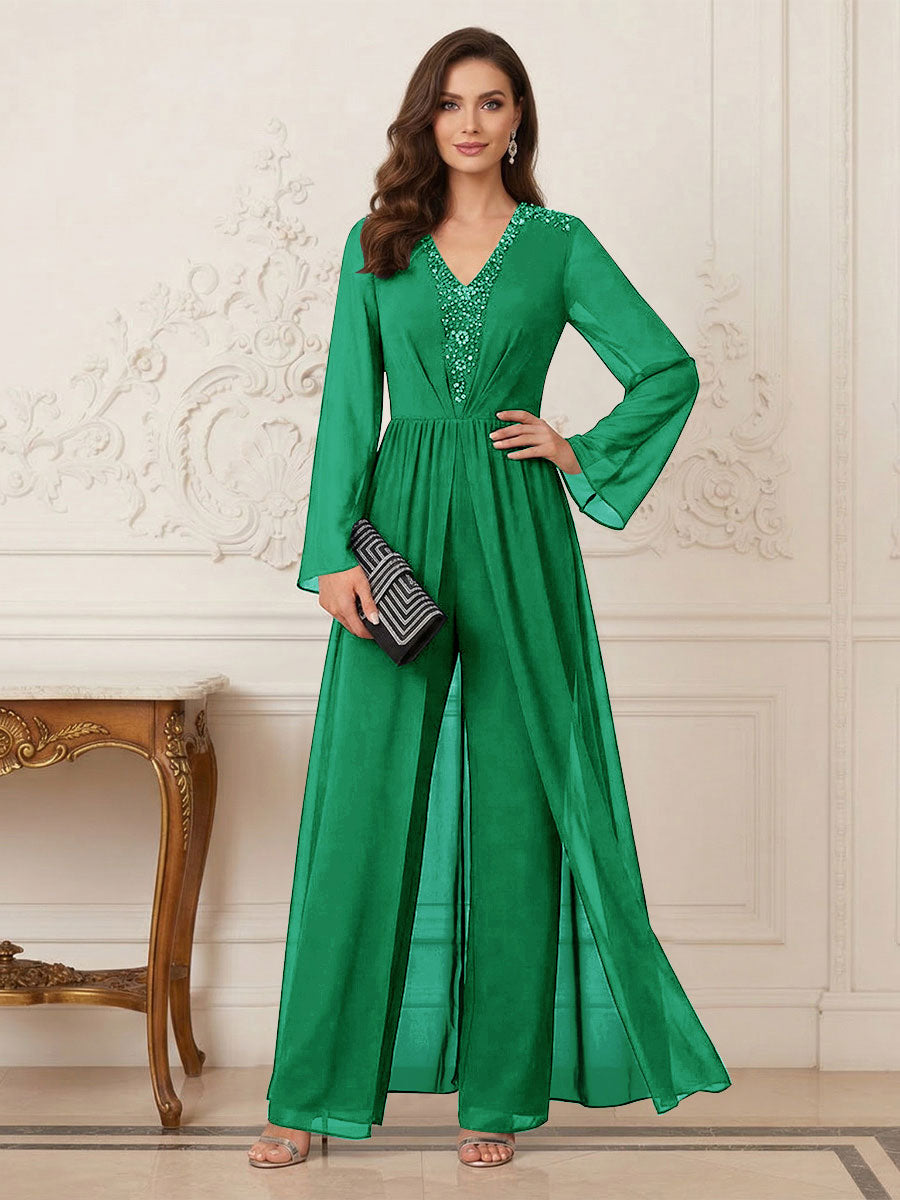 Jumpsuits V Neck Long Sleeves Floor Length Mother of the Bride Dresses with Beading