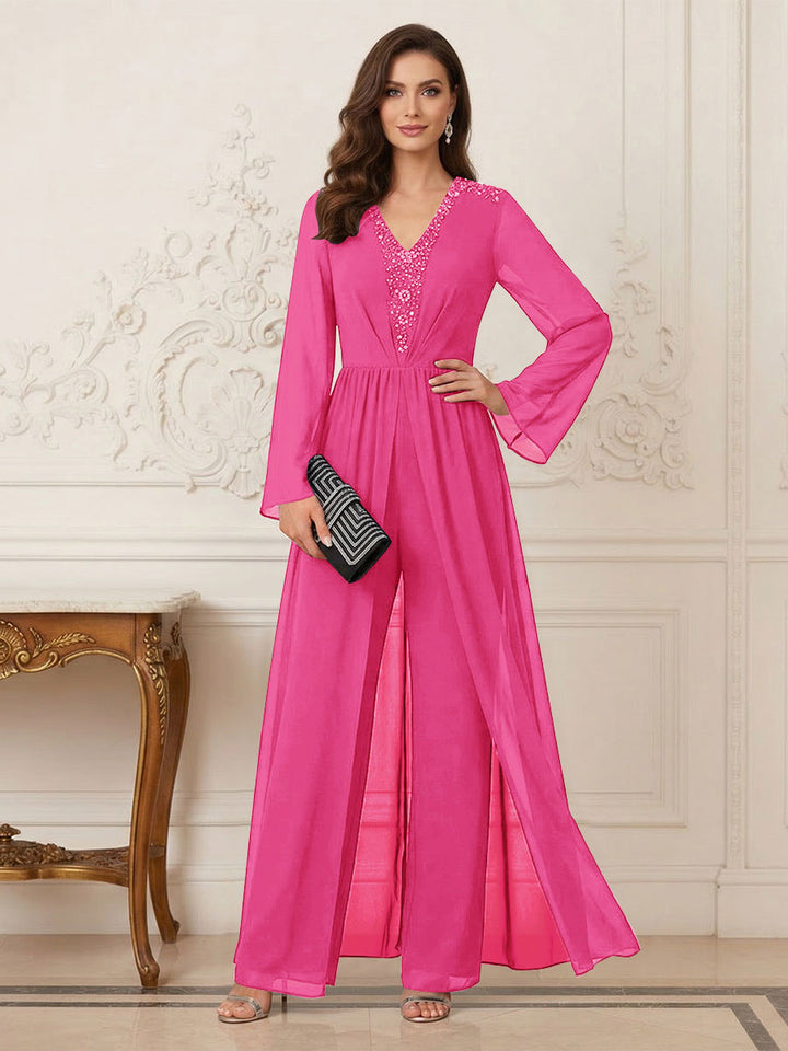 Jumpsuits V Neck Long Sleeves Floor Length Mother of the Bride Dresses with Beading
