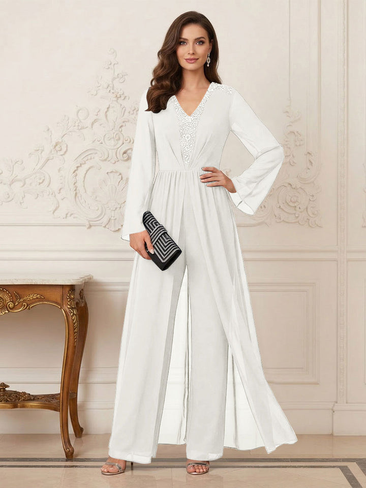 Jumpsuits V Neck Long Sleeves Floor Length Mother of the Bride Dresses with Beading