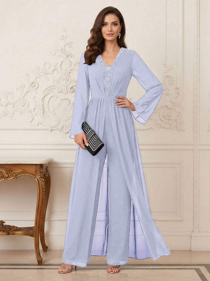 Jumpsuits V Neck Long Sleeves Floor Length Mother of the Bride Dresses with Beading