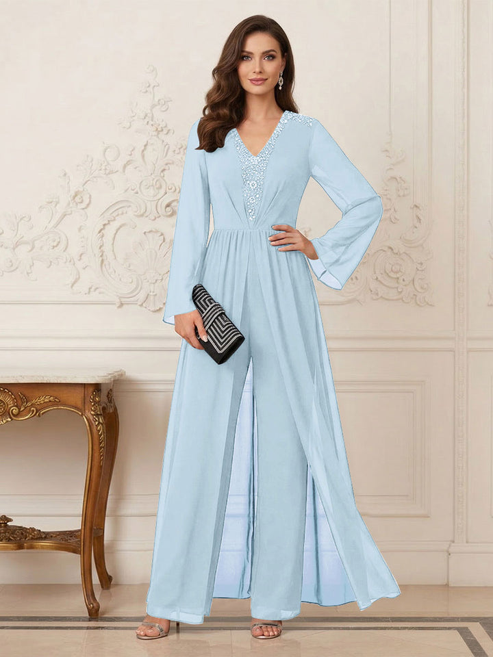 Jumpsuits V Neck Long Sleeves Floor Length Mother of the Bride Dresses with Beading