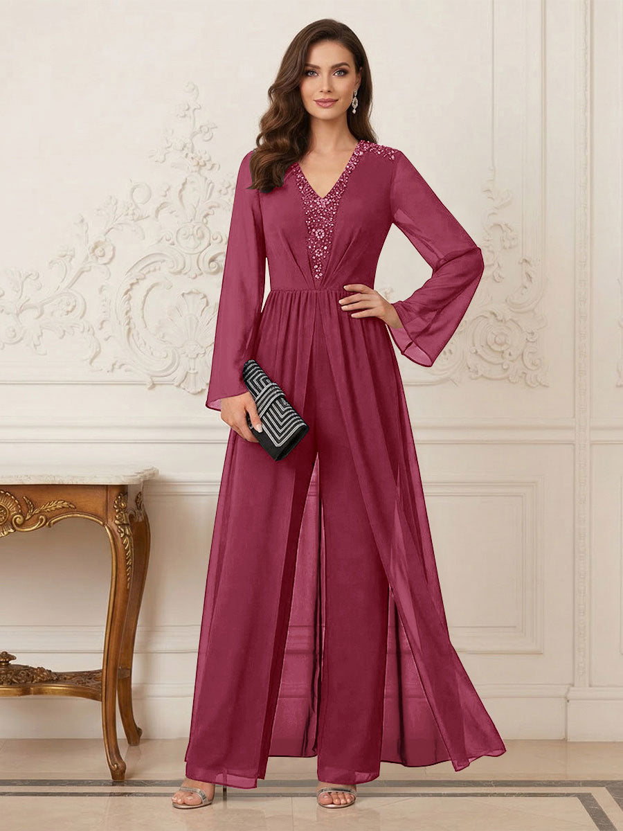 Jumpsuits V Neck Long Sleeves Floor Length Mother of the Bride Dresses with Beading